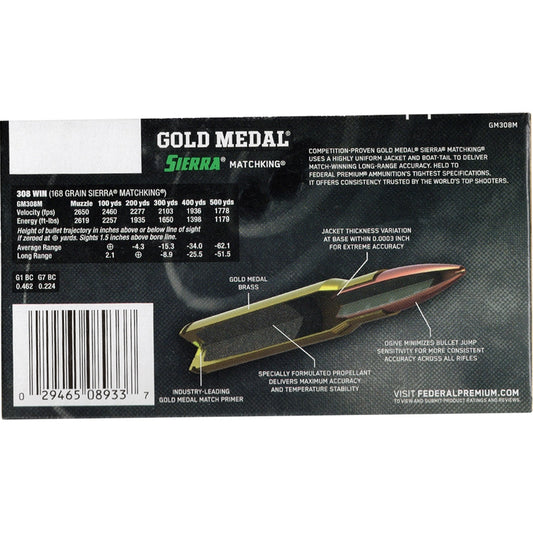 Federal Gold Medal 308 Winchester Ammo 168 Grain Sierra MatchKing Hollow Point - GM308M
