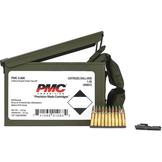 PMC X-Tac 5.56x45mm Ammo 62 Grain Green Tip LAP 840 Rounds Bandoleer in M2A1 Ammo Can