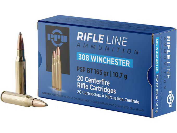 PPU 308 Winchester Ammo 165 Grain Jacketed Soft Point Box of 20- PP3082